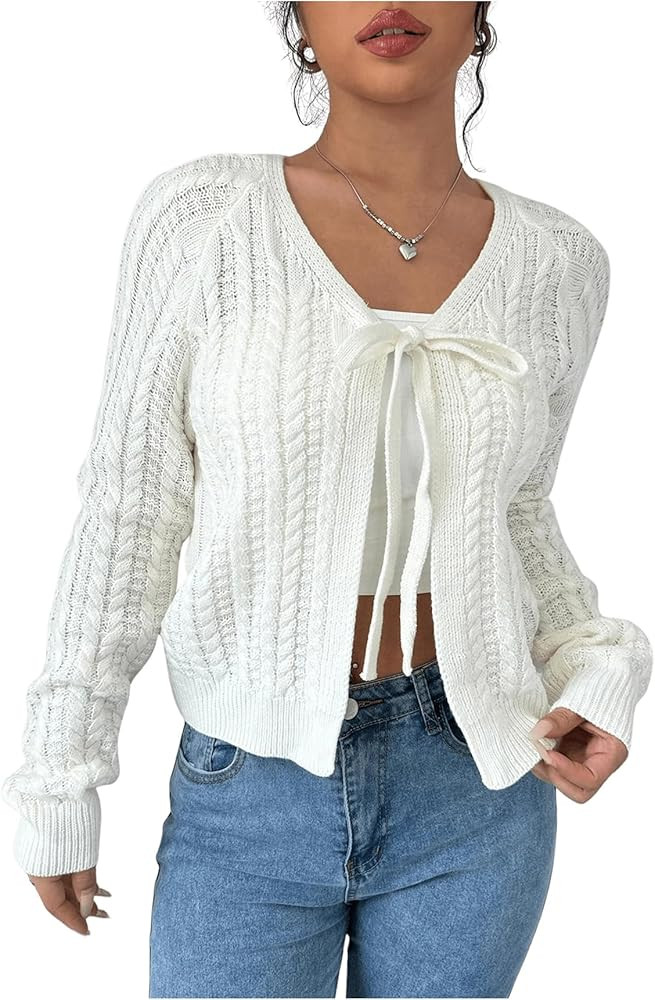 GORGLITTER Women's White Cropped Cardigan Tie Front Cardigan Cable Knit Sweater | Amazon (US)