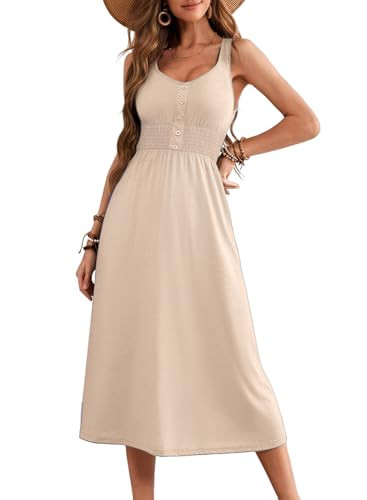 Dokotoo Womens Maxi Dresses Spring Summer 2025 Sleeveless Button Down Smocked Empire Waist Casual Cute Swing Long Dress Sundresses for Women Flowy Bohemian Beach Vacation Clothes Apricot XX-Large | Amazon (US)