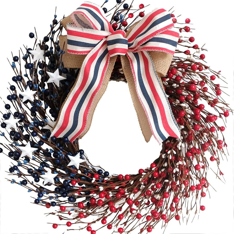 18 Inch Patriotic Red White Blue Berries Wreath for Front Door, 4 of July Memorial Day Independen... | Amazon (US)