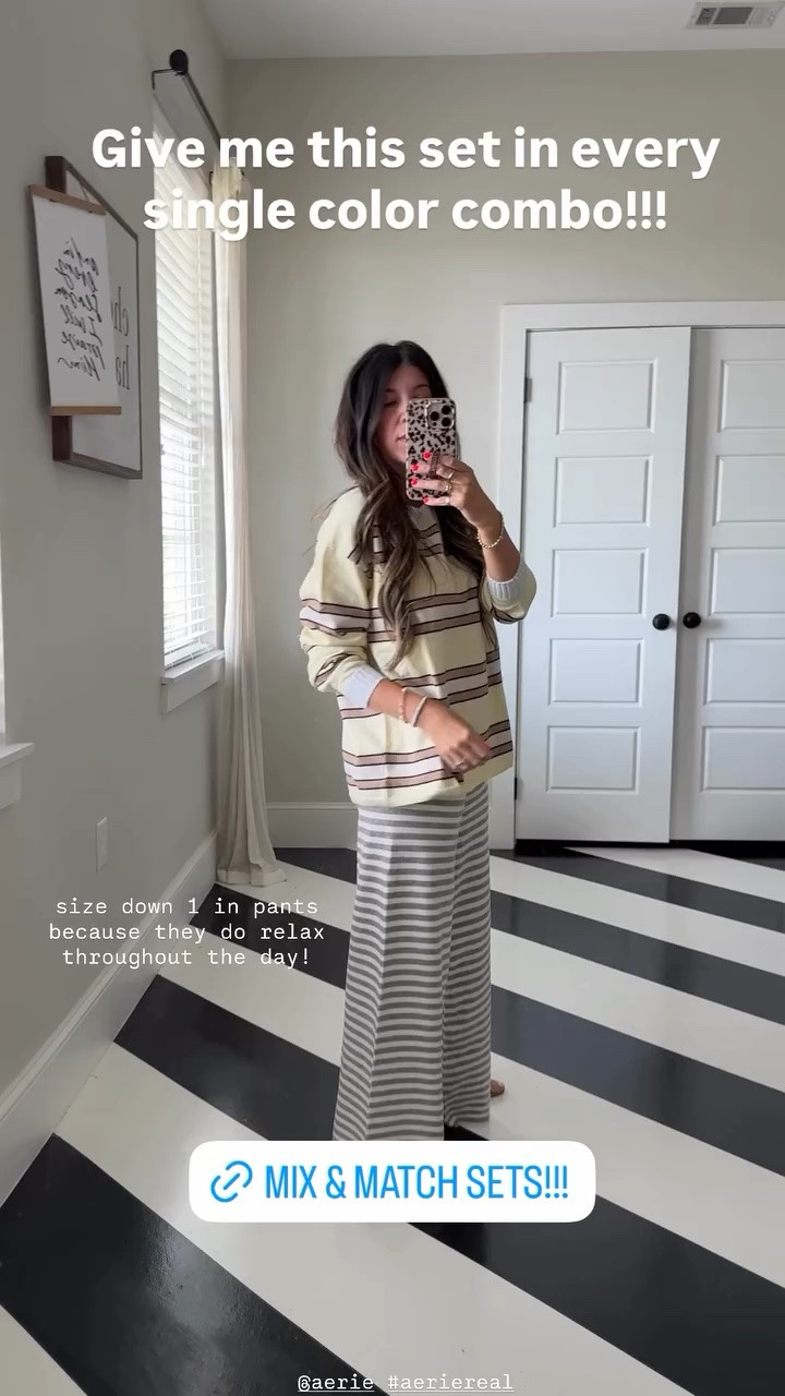 Give me this set in every single color combo!!! size down 1 in pants because they do relax throughout the day! @aerie #aeriereal

@Aerie pre fall haul! 
blue barrel pants: xs
green sweatshirt: s
stripe sweater pants: xs
stripe sweater: xs
navy blue satin bubble pants: xxs (size down 1) 
Henley stripe quarter button up sweatshirt: xs
rugby polo: xs
flannel button down: xs (hands down the best flannels ever) 
green athletic shorts: xs 
mock neck sweatshirt: s
leggings: xs (the huggers are the best) 
minnetonka clogs: 6 tts
vans: 6.5
red mary jane sneakers: 6; size up if between 
Code Michelle15 on Mama hats
Code everydaysmitten on @Loopy Cases

#LTKootd #LTKTravel #LTKSeasonal