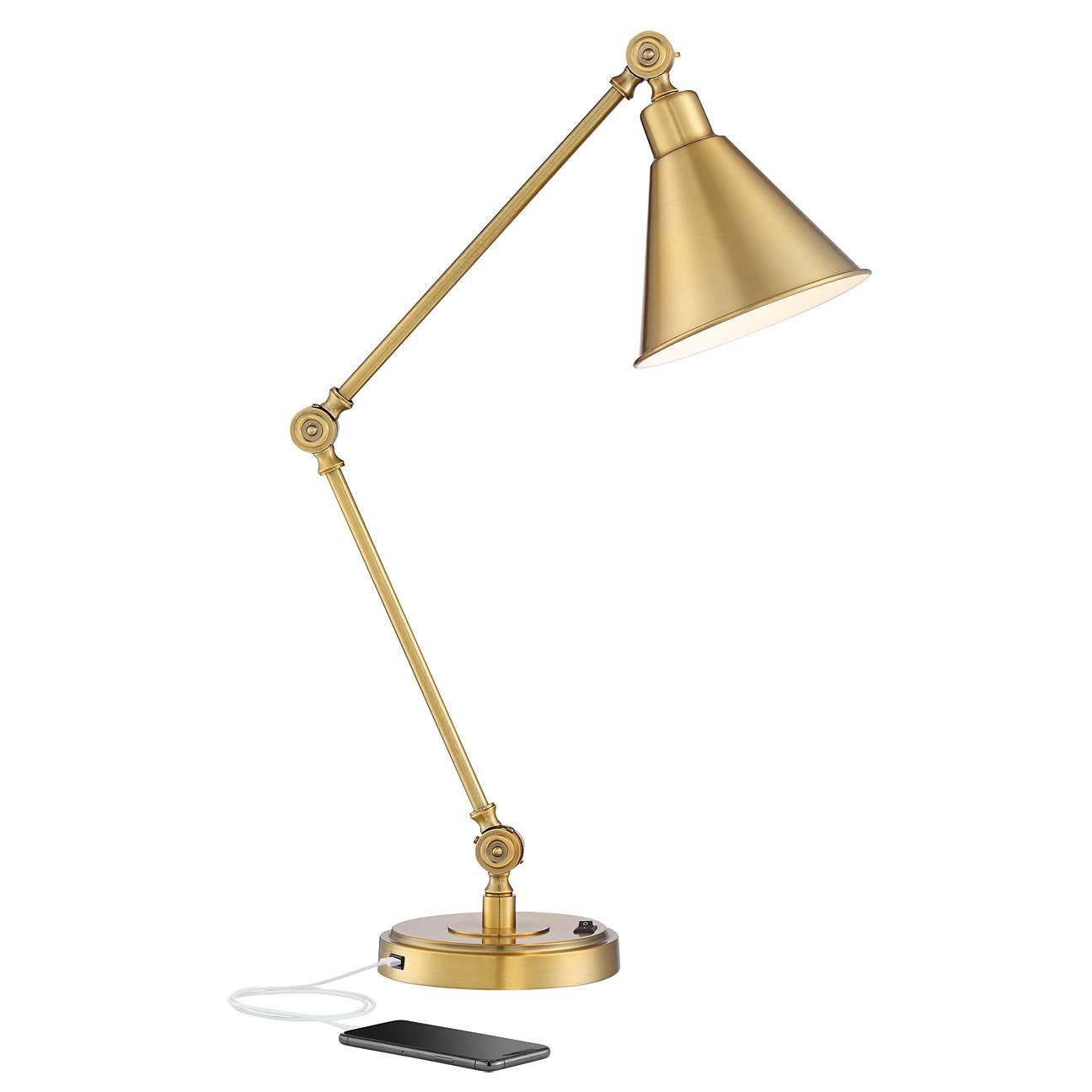 Wray Warm Antique Brass Desk Lamp with USB Port | LampsPlus.com