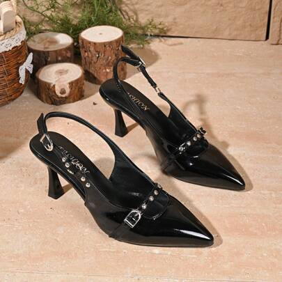 Women's Black Fashion Sexy Pointed Toe High Heel Shoes, Glitter Upper, Black Thin Heel, Pointed Toe Embellished With Shiny Buckle, Hollow-Out Ankle St | SHEIN