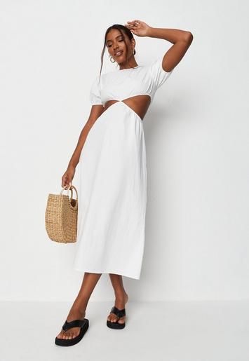 Petite White Poplin Cut Out Side Midaxi Dress | Missguided (US & CA)