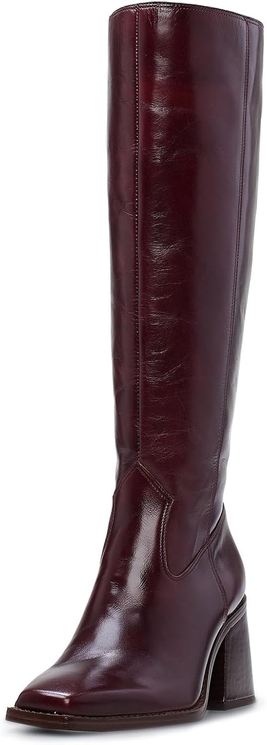 ZJGZF Women's Knee High Boots Leather Boots with Zipper Square Toe Chunky Heeled Tall Boots Wide Calf High Block Heel Long Boots | Amazon (US)