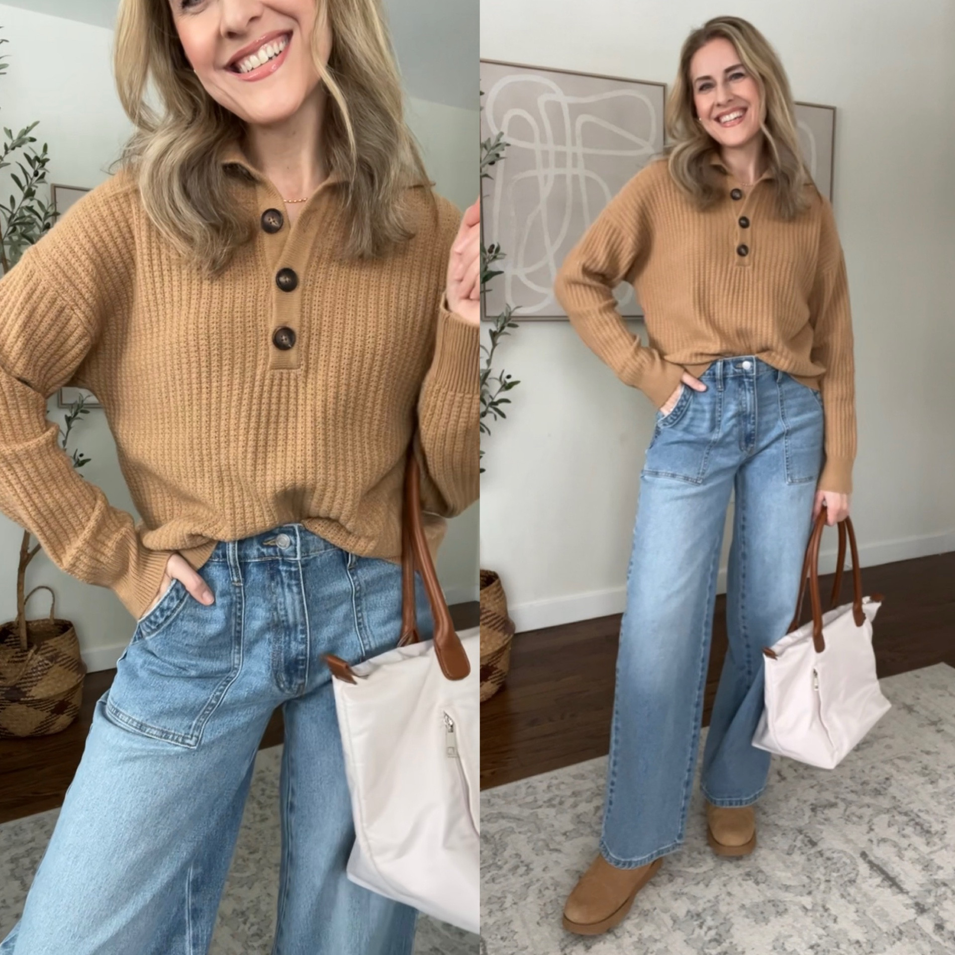 Weeks worth of Walmart outfits! Sizing: brown cardigan, ivory henley sweater, denim popover shirt, pajama set all fit true to size (I’m a small). The stripe mockneck runs small, I sized up to medium. Barrel jeans run big, go down at least one size. #walmartfashion 