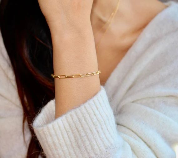 Gold Paperclip Chain Link Bracelet, Gold Stacking Bracelet, Thick Chain Link Bracelet, Paperclip ... | Etsy (US)