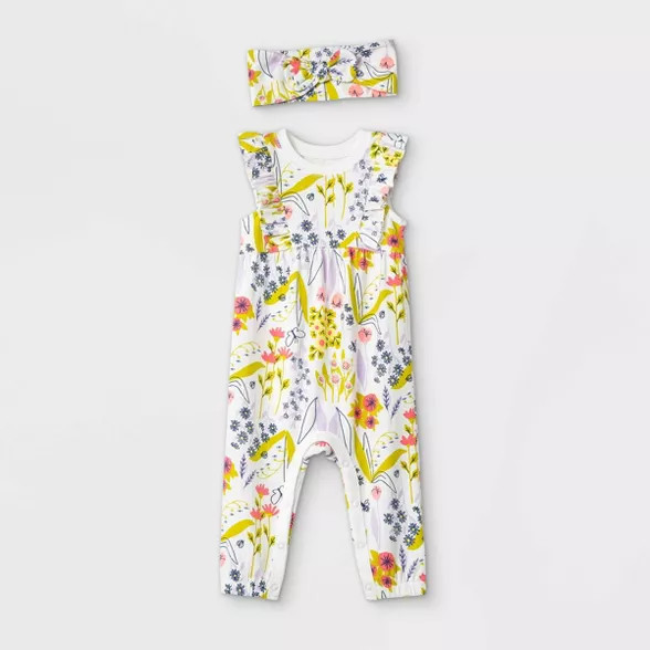 Baby Girls' Floral Romper with Headband - Cat & Jack™ Light Cream | Target