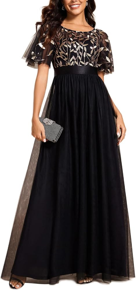 Ever-Pretty Sequin Formal Prom Dresses for Women Ruffle Sleeves Empire Waist A-Line Long Mother o... | Amazon (US)