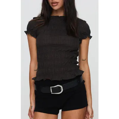 Princess Polly Romelle Plaid Smocked Cotton Top in Black /Brown Plaid at Nordstrom, Size 4 | Nordstrom