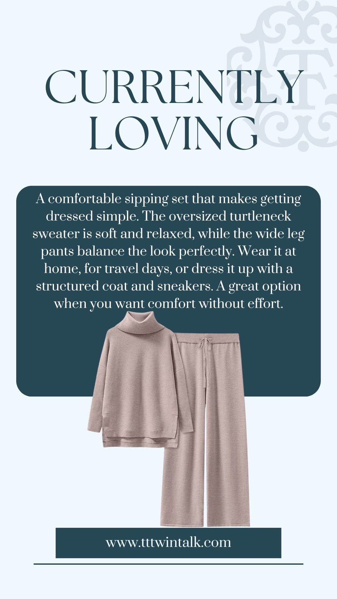 A comfortable sipping set that makes getting dressed simple. The oversized turtleneck sweater is soft and relaxed, while the wide leg pants balance the look perfectly. Wear it at home, for travel days, or dress it up with a structured coat and sneakers. A great option when you want comfort without breaking the bank. 

#LTKSeasonal #LTKMidsize #LTKOver40
