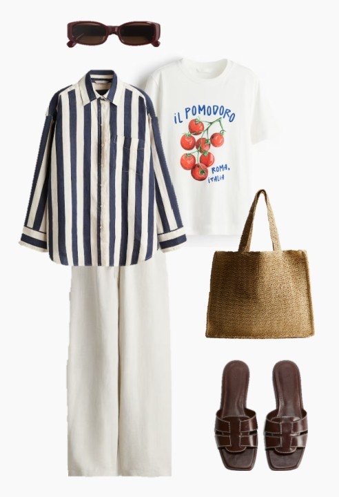 Casual summer outfit with H&M new arrivals! 
.
Linen pants linen shirt tomato graphic tee woven tote bag brown slide sandals 

#LTKSeasonal #LTKStyleTip #LTKFindsUnder50