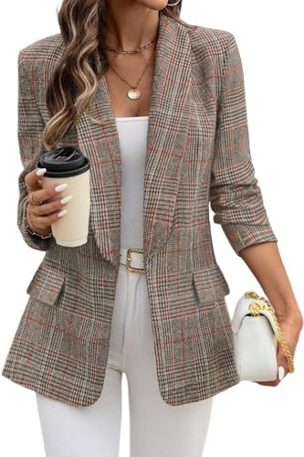 ELLEVEN Womens Casual Plaid Blazer Shawl Collar Long Sleeve Boyfriend Blazer Suit Houndstooth Plaid Blazer Dressy Coat Jacket Business Work Office Blazer Suits Brown Plaid Large | Amazon (US)