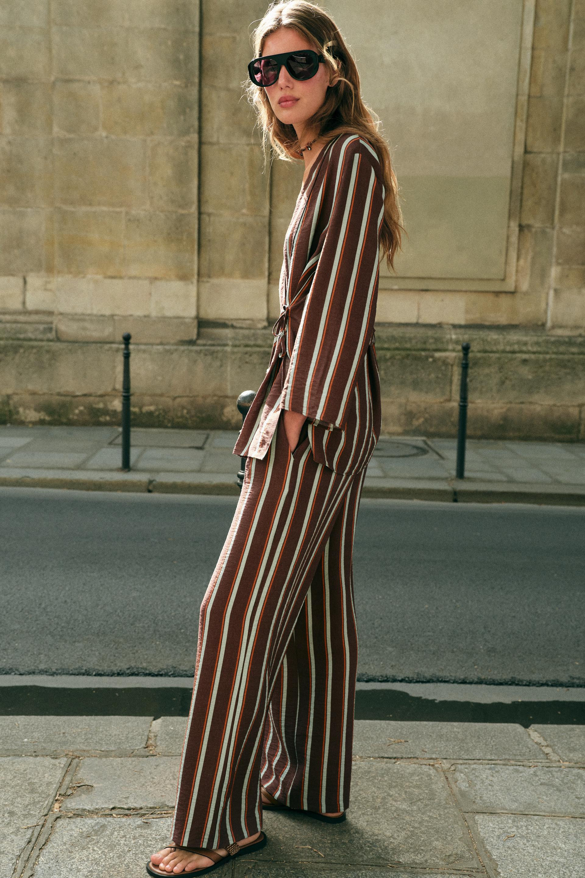 Zara - Striped Wide Leg Pants - Brown Stripes - Xs - Woman | Zara US