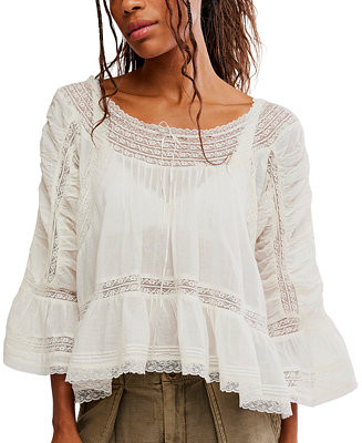 Women's She's A Romantic Top Long Bell Sleeves Lace-Paneling Blouse | Macy's