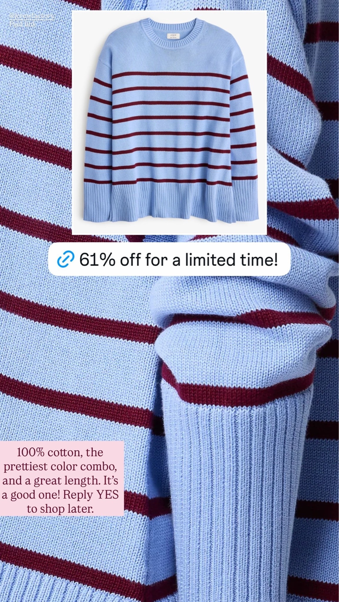 The prettiest striped cotton sweater from J.Crew Factory! Currently on sale for a limited time! 

fall sweater, striped sweater, women's style, casual style, fall outfit 

 #LTKootd #LTKSeasonal #LTKSaleAlert