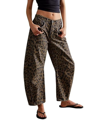 TERIVEEK Women Barrel Leopard Jeans Casual Mid Rise Ankle Wide Leg Pants Y2K Baggy Boyfriend Denim Harem Pants with Pockets | Amazon (US)
