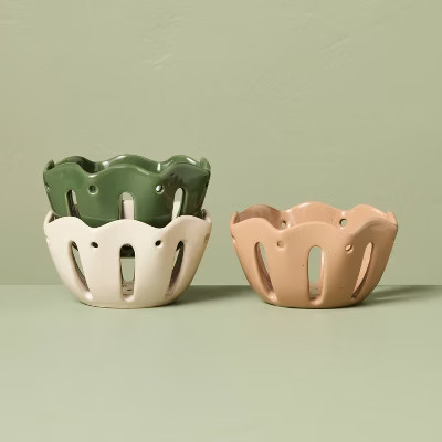 Set of 3 Stoneware Wavy Edge Mini Berry Serving Bowls Tan/Green/Cream - Hearth & Hand™ with Magnolia | Target