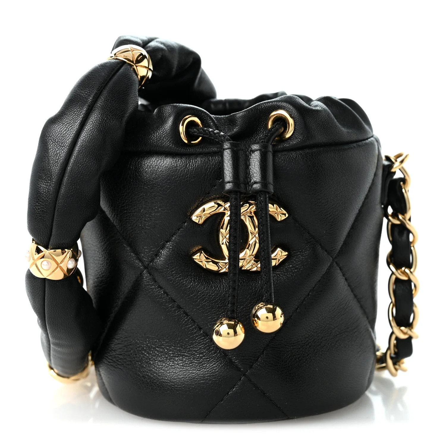 Chanel Calfskin Quilted Mini Drawstring Bucket Bag Black 1967322 | FASHIONPHILE (US)