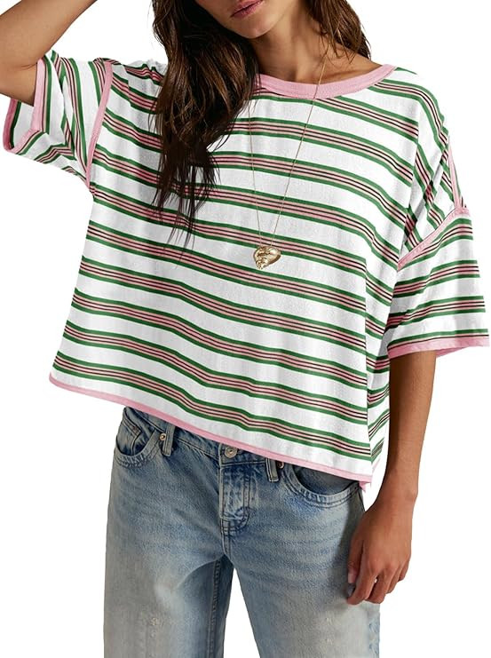 Tankaneo Womens Oversized Striped T-Shirts Summer Casual Color Block Short Sleeve Tops Drop Shoul... | Amazon (US)