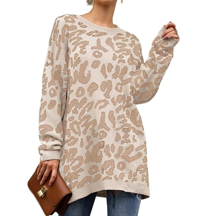 PRETTYGARDEN Women’s Casual Leopard Print Long Sleeve Crew Neck Oversized Pullover Knit Sweater... | Amazon (US)