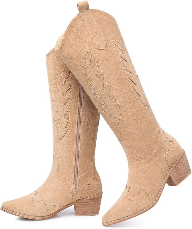 Cowboy Boots for Women Knee High Suede Pointed Toe Cowgirl Boots Embroidered Pull-On Chunky Heel ... | Amazon (US)