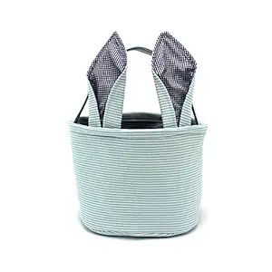 Easter Baskets Seersucker Easter Bunny Bag Bucket for Easter Egg Hunt Bunny Ears Design (Blue) | Amazon (US)