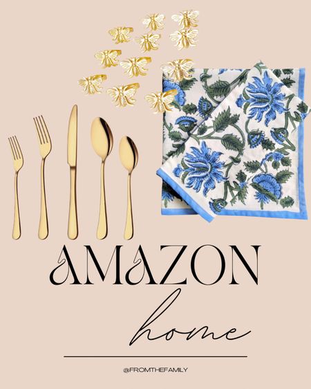 Amazon block print cotton napkins and gold bee napkin rings and matte gold flatware perfect for Easter gatherings 