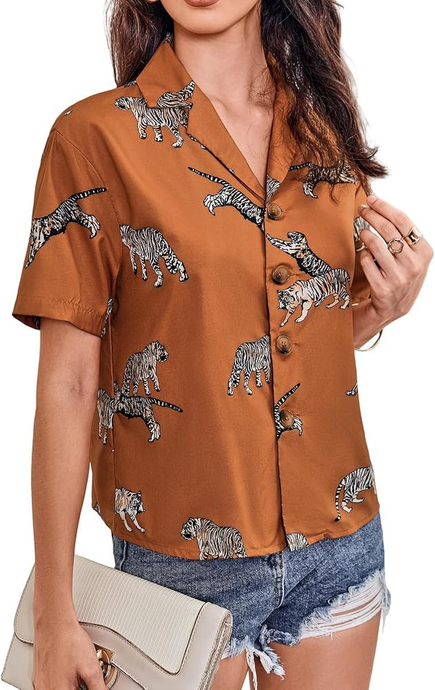 SweatyRocks Women's Short Sleeve Cute Print Button Down Shirt Tops | Amazon (US)