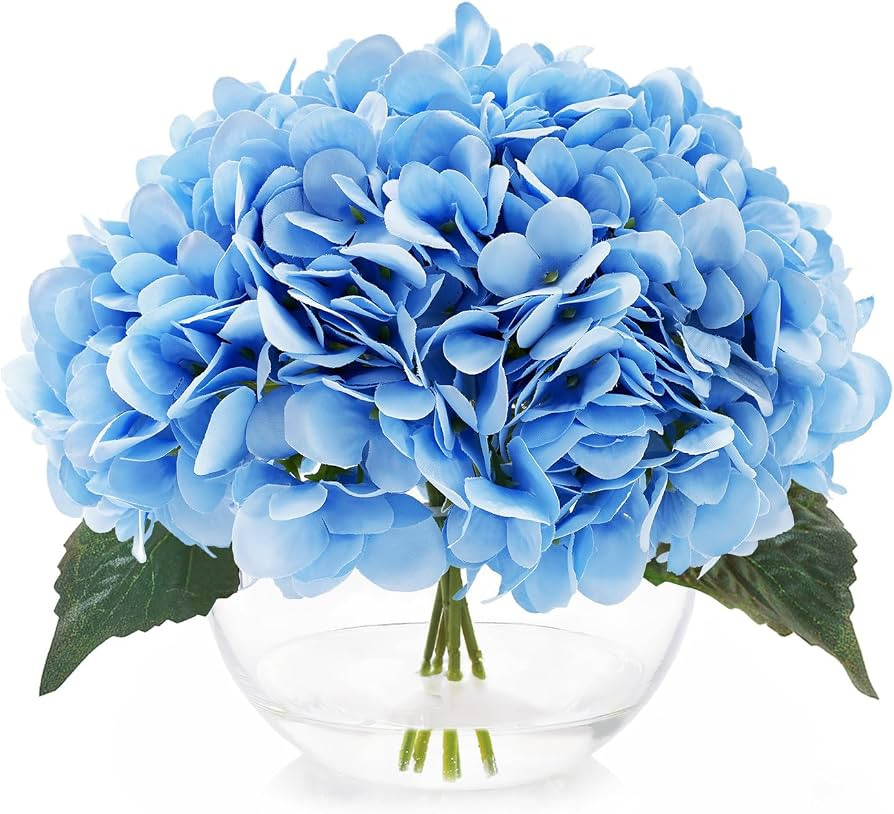 Hydrangea Fake Flowers in Vase, Silk Flowers in Vase with Faux Water for Home Decor Indoor (Blue) | Amazon (US)
