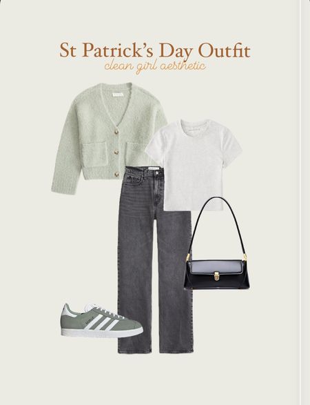 spring outfits, spring outfits 2024, spring outfits amazon, spring fashion, february outfit, casual spring outfits, spring outfit ideas, cute spring outfits, cute casual outfit, date night outfit, date night outfits, black bag, shoulder bag, vacation outfit, resort outfit, spring outfit, resort wear, st patricks day outfit, clean girl aesthetic, green cardigan, abercrombie sweater, abercrombie cardigan, grey t shirt, baby tee, abercrombie jeans, black jeans, grey jeans, high waisted jeans, wide leg jeans, adidas gazelle, adidas sneakers, green sneakers, st patricks day outfitt