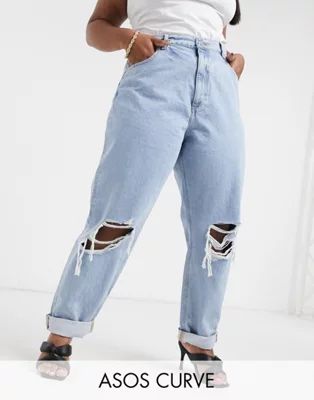 ASOS DESIGN Curve recycled high rise 'slouchy' mom jeans in lightwash with rips | ASOS (Global)