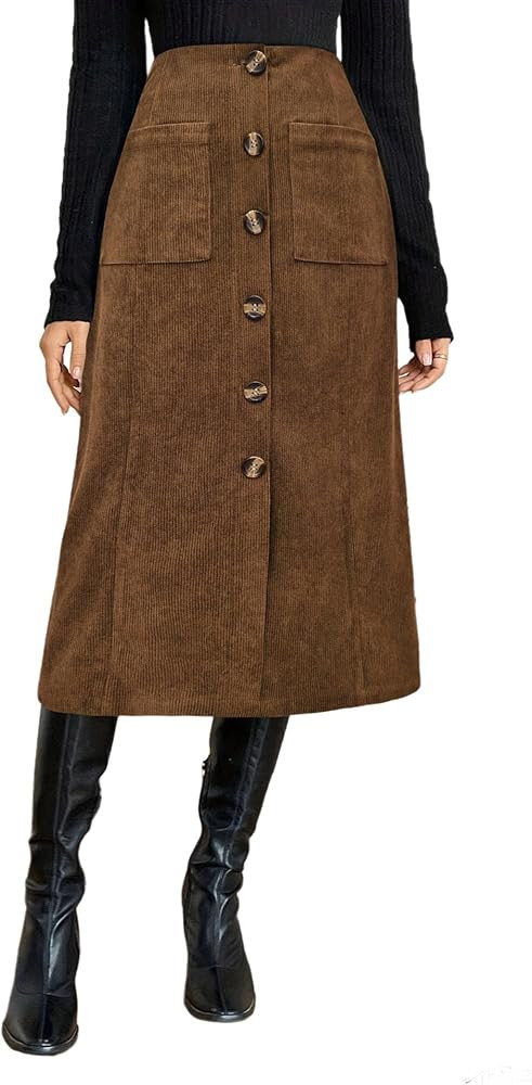 Melliflo Women's High Waist Corduroy Skirt Fashion Button Front A-Line Midi Skirt 2024 Winter Lon... | Amazon (US)