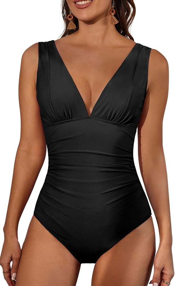 Eomenie Women's One Piece Swimsuit Slimming Tummy Control Bathing Suit Wide Straps Plunge V Neck ... | Amazon (US)