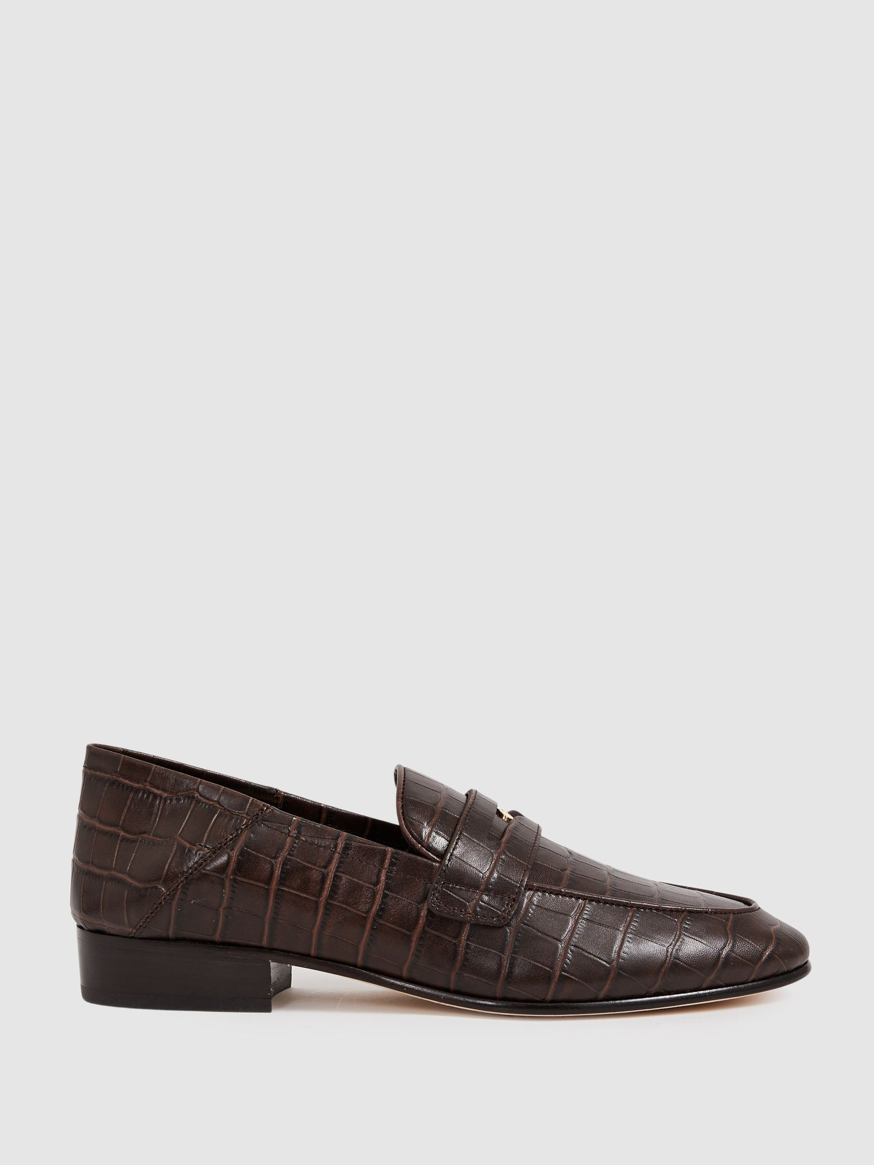 Reiss Paige Leather Crocodile-Embossed Penny Loafers in Chocolate - REISS | Reiss UK