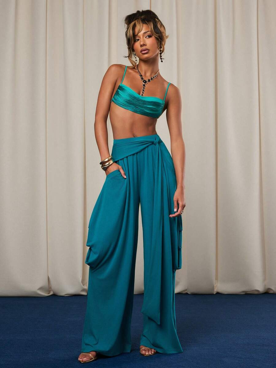 NYA SZN Pant Draped Trouser Wrap Detail Jersey Comfortable Office Siren Everyday Tropical Vacatio... | SHEIN