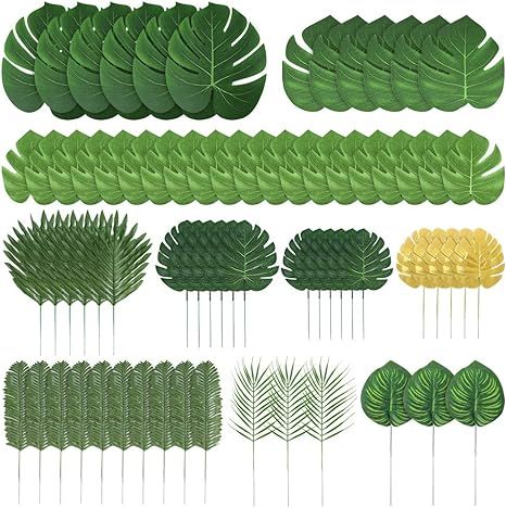 Auihiay 70 Pieces 10 Kinds Artificial Tropical Palm Leaves Jungle Leaves Decorations for Hawaiian... | Amazon (US)