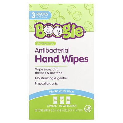 Boogie Wipes, Antibacterial Hand Wipes, Alcohol Free, 3 Packs, 20 Wipes Each | iHerb