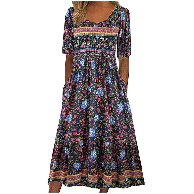 Mchoice Floral Dress for Women Fashion Casual Sexy Round Neck Printing Maxi Dresses Summer Short ... | Walmart (US)