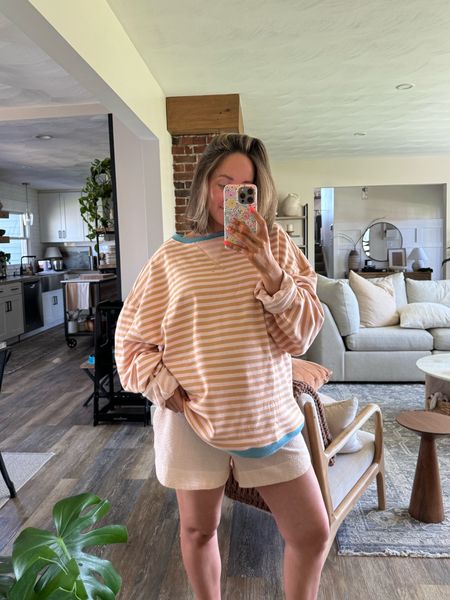 Today’s comfy ootd 🧡🧡 all free people!! Shared these boxer shorts a couple weeks ago with you. They’re so comfy and only $30👏🏼👏🏼 so good for postpartum this summer!! 

Free people style, stripes, orange, orange and pink, boxers 

#LTKSeasonal #LTKfindsunder50