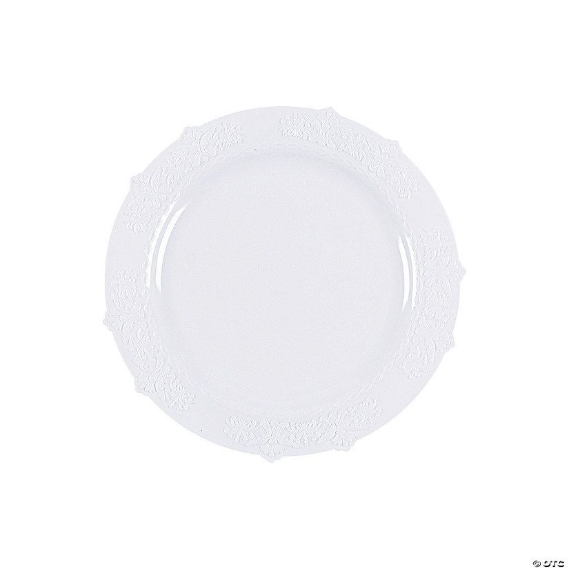 White Plastic Dessert Plates with Vintage Trim - 25 Ct. | Oriental Trading Company