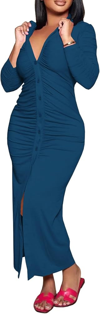 Yuopeid Women's Long Sleeve Lapel V Neck Button Solid Color Long Dress Fashion Ruched Bodycon For... | Amazon (US)