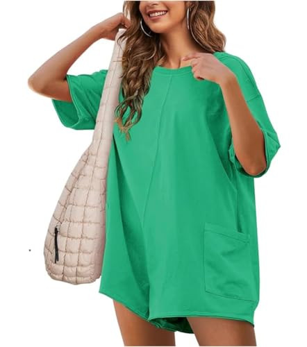 Yozazzy Womens Tee Rompers Hot Shot One Piece Shorts Jumpsuits Athletic Workout Overall with Pockets(Green-L) | Amazon (US)