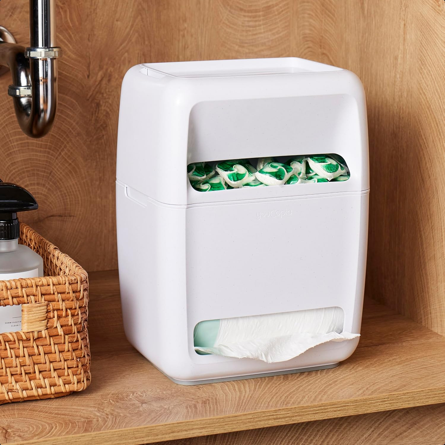 YouCopia SinkSuite Bag & Pod Dispenser, Standing Garbage Bag and Dishwasher Pod Organizer with Removable Lids for Storage, Speckled White | Amazon (US)
