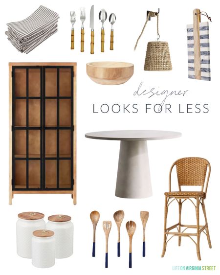 These home decor interior design looks for less are a great way to get a high-end look in your home on a budget! I love this wood and glass cabinet, round cement dining table, rope sconce, paint dipped utensils, white ceramic canisters, wood bowl, bamboo flatware, marble inlay paddle board, striped linen napkins and woven barstool! 

look for less home, designer inspired, beach house look, amazon haul, amazon must haves, area rug amazon, home decor, Amazon finds, Amazon home decor, simple decor, target home décor, amazon faux trees, Walmart home décor, walmart finds, targetfanatic, targetdoesitagain, target home, studio mcgee, target finds, walmart chair, studio mcgee, barstools, kitchen island chairs, dining chairs, living room chairs, world market lights, neutral design, island bar stool, kitchen accessories, charcuterie boards, wall mirror, kitchen decor, simple decor, coastal decorating, coastal design, coastal inspiration #ltkfamily 

#LTKunder100 #LTKsalealert #LTKSeasonal #LTKunder50 #LTKstyletip #LTKhome #LTKunder50 #LTKunder100 #LTKsalealert