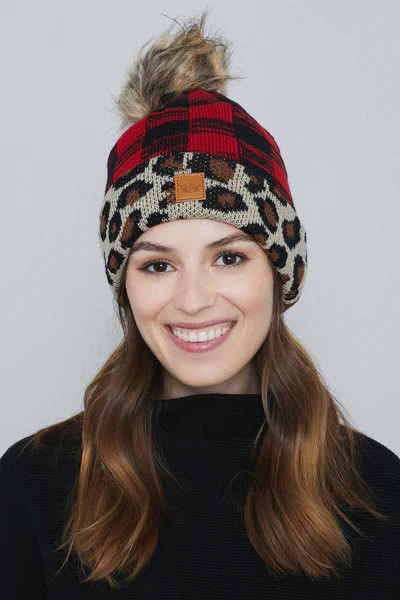 Panache Leopard Buffalo Plaid Pom Pom Hat | Social Threads