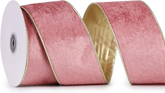 Rose Gold Velvet Ribbon Wired 2.5" x 10 Yards Rose Gold Christmas Ribbon with Gold Backside, Pink... | Amazon (US)