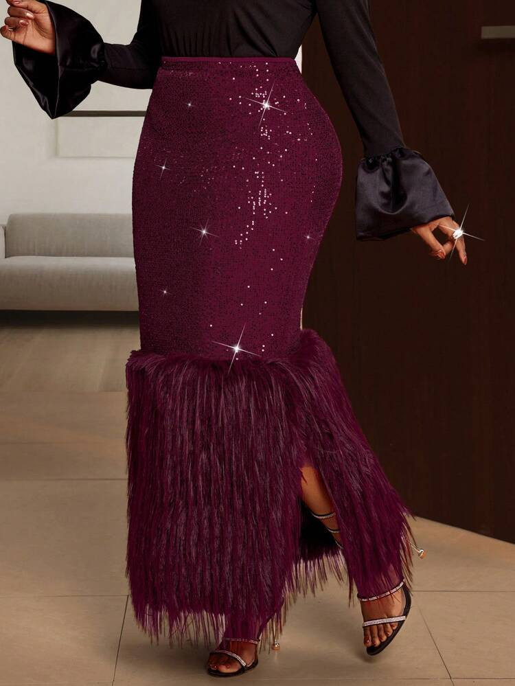 Maweii Plus Size Christmas Party Sequin Patchwork Fuzzy Elastic Waist Slit Hem Red Skirt, Autumn/Winter | SHEIN