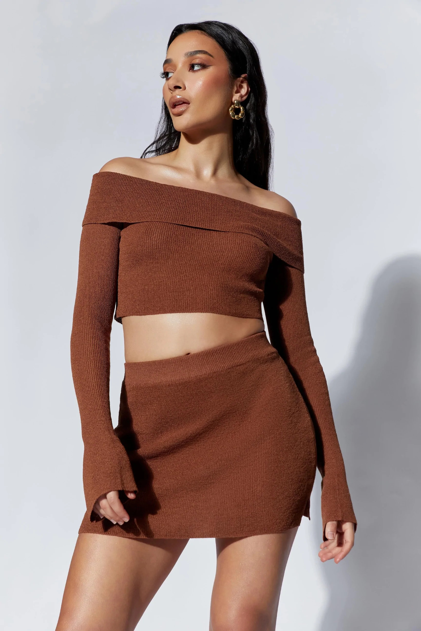 Esme Off-Shoulder Long Sleeve Knit Top - Clay | MESHKI US