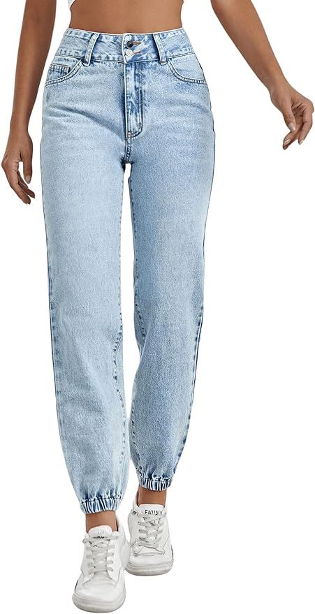 SweatyRocks Women's Casual High Rise Jogger Jeans Vintage Washed Mom Jeans Denim Pants | Amazon (US)