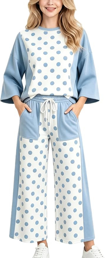 Mingzhu Women's Polka Dot 2 Piece Outfits Lounge Tracksuit Set | Wide Leg Pants, Pajamas Sets, So... | Amazon (US)